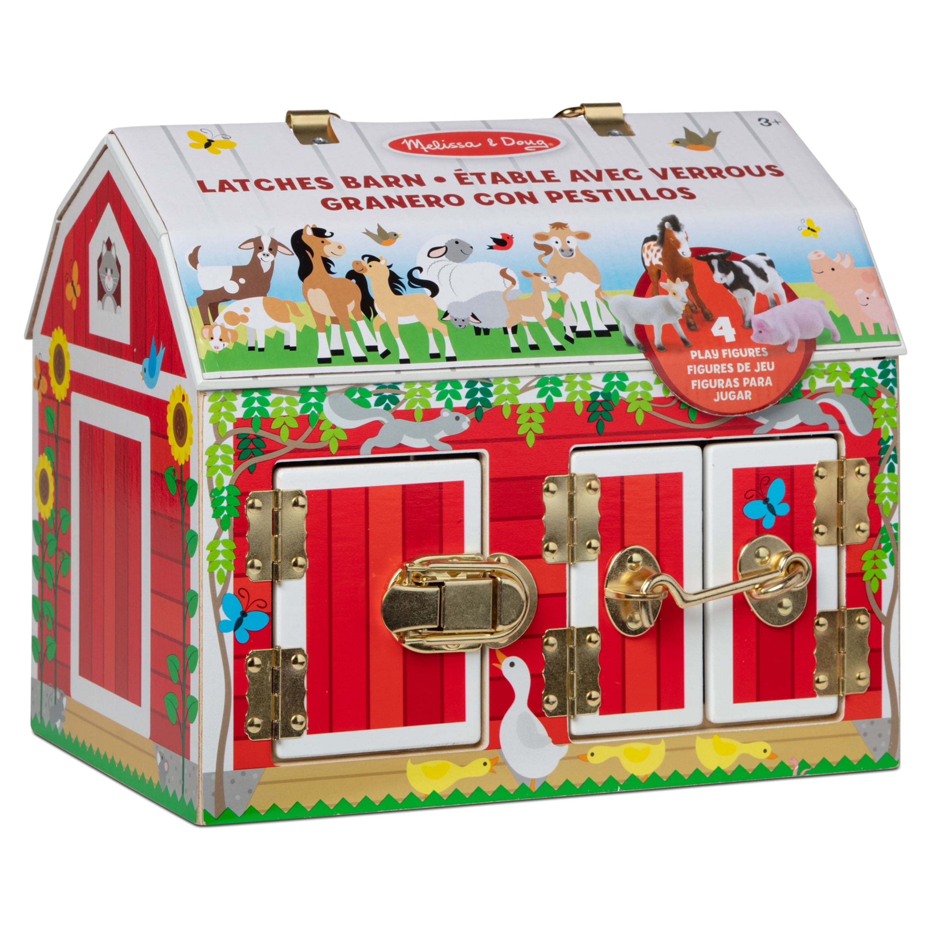Melissa & Doug Latches Wooden Activity Barn with 5 Doors, 4 Play Figure Farm Animals