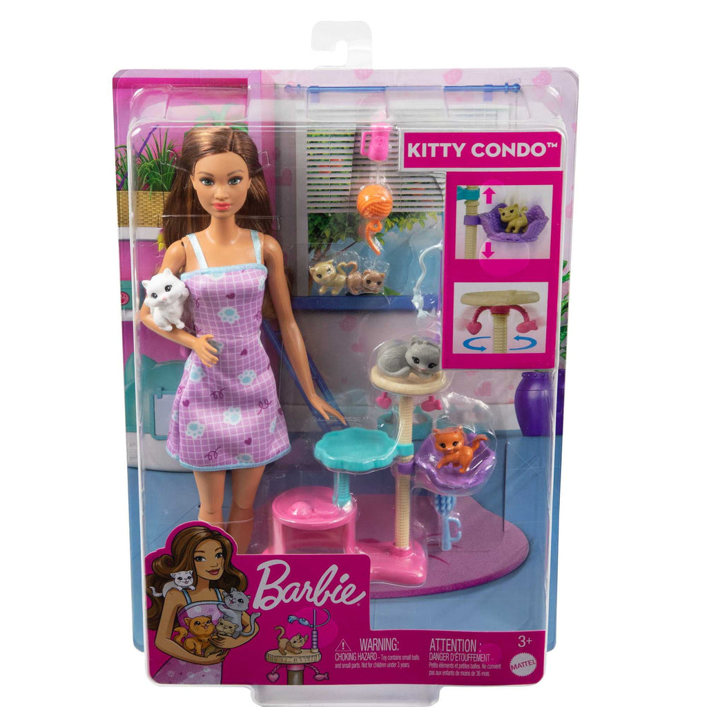 Barbie Kitty Condo Playset with Brunette Fashion Doll, 4 Kittens, Cat Tree & Accessories