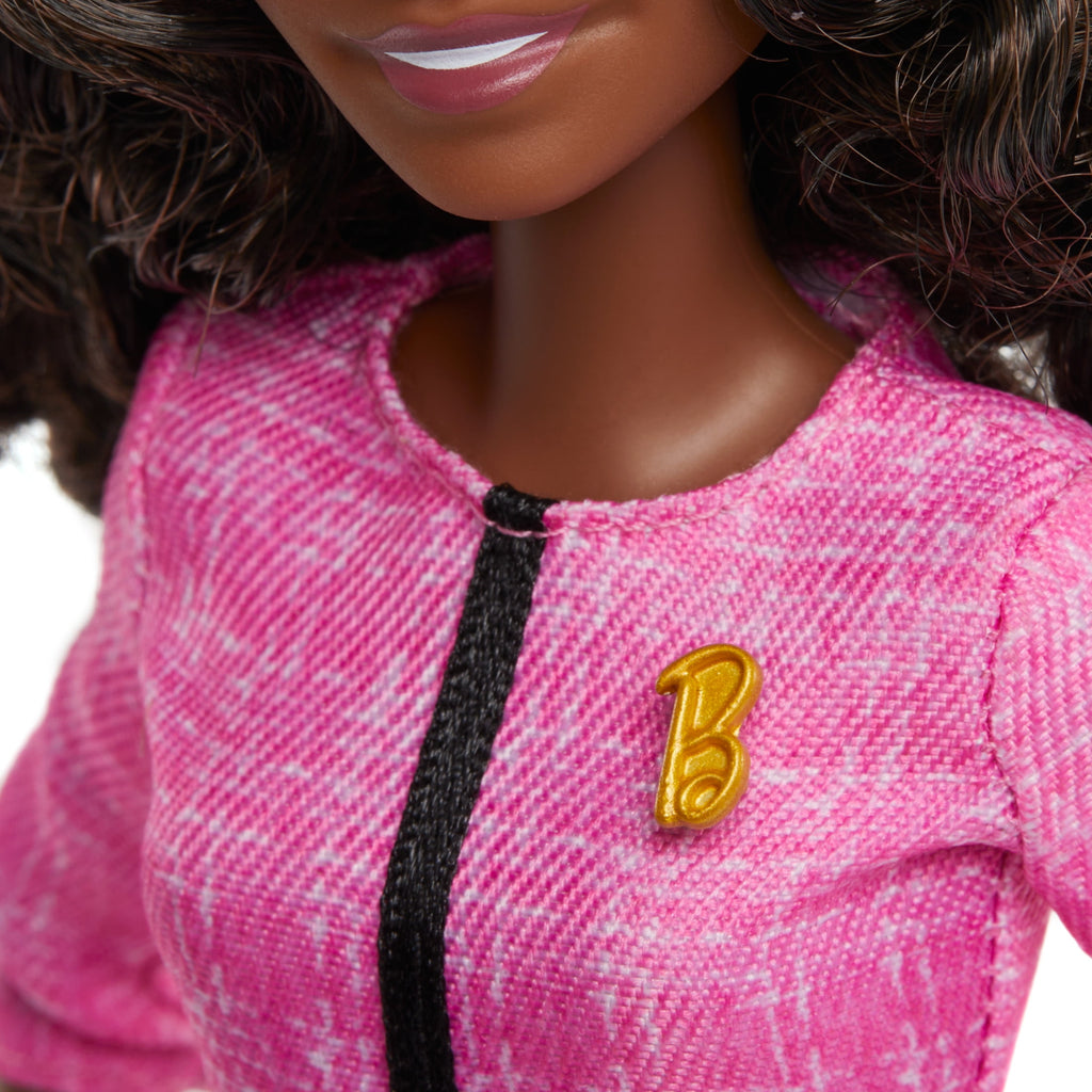 Barbie Future Leader Doll with Dark Brown Hair, 2 Golden Bracelets & Pin, Includes Sticker