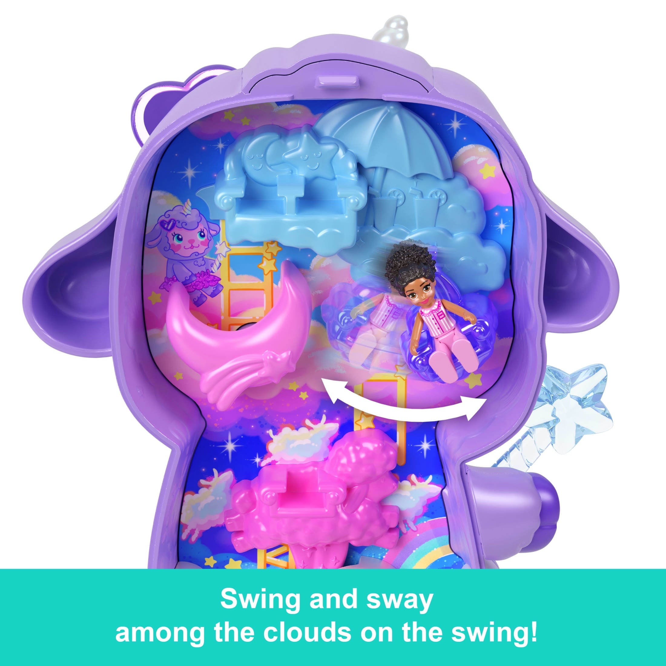 Polly Pocket Cozy Dreamland Lamb Compact Playset with 1 Micro Doll and Pet Unicorn, Travel Toy with Food & Styling Accessories