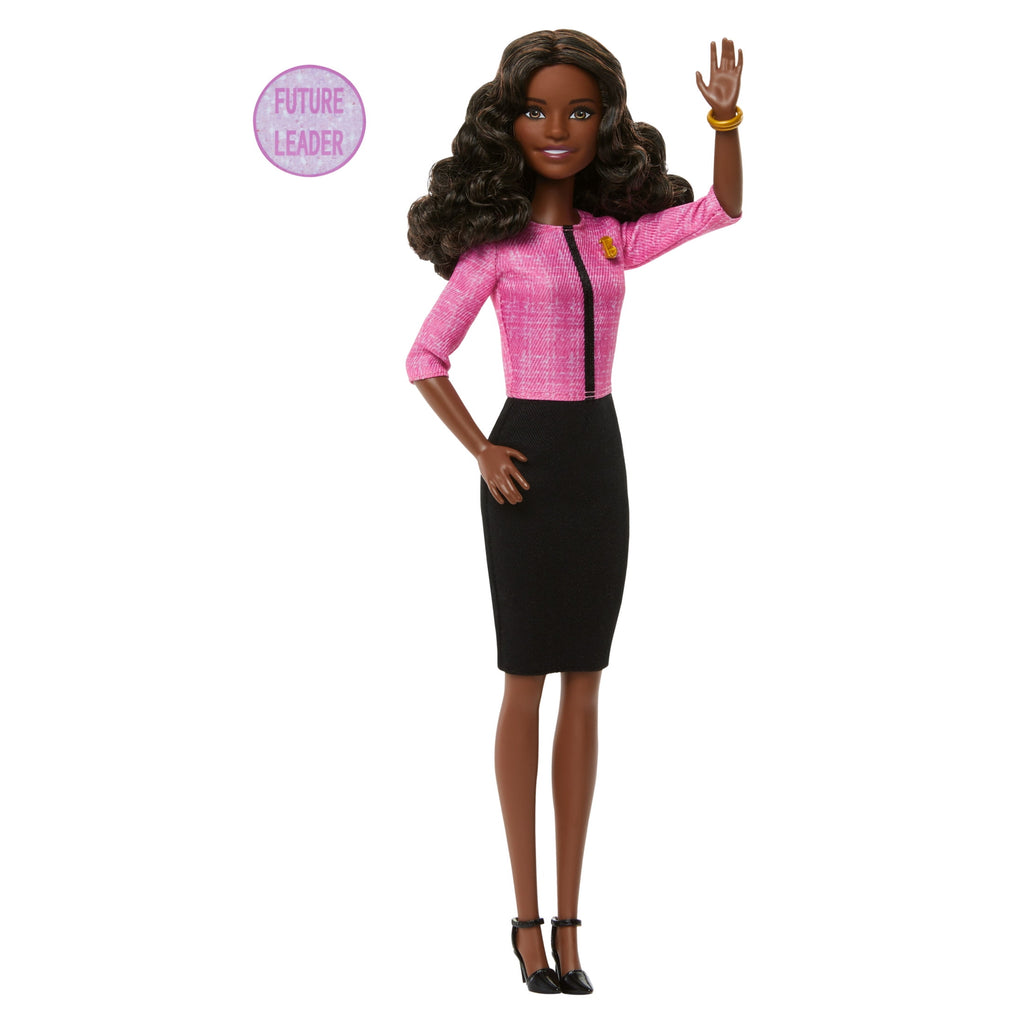 Barbie Future Leader Doll with Dark Brown Hair, 2 Golden Bracelets & Pin, Includes Sticker