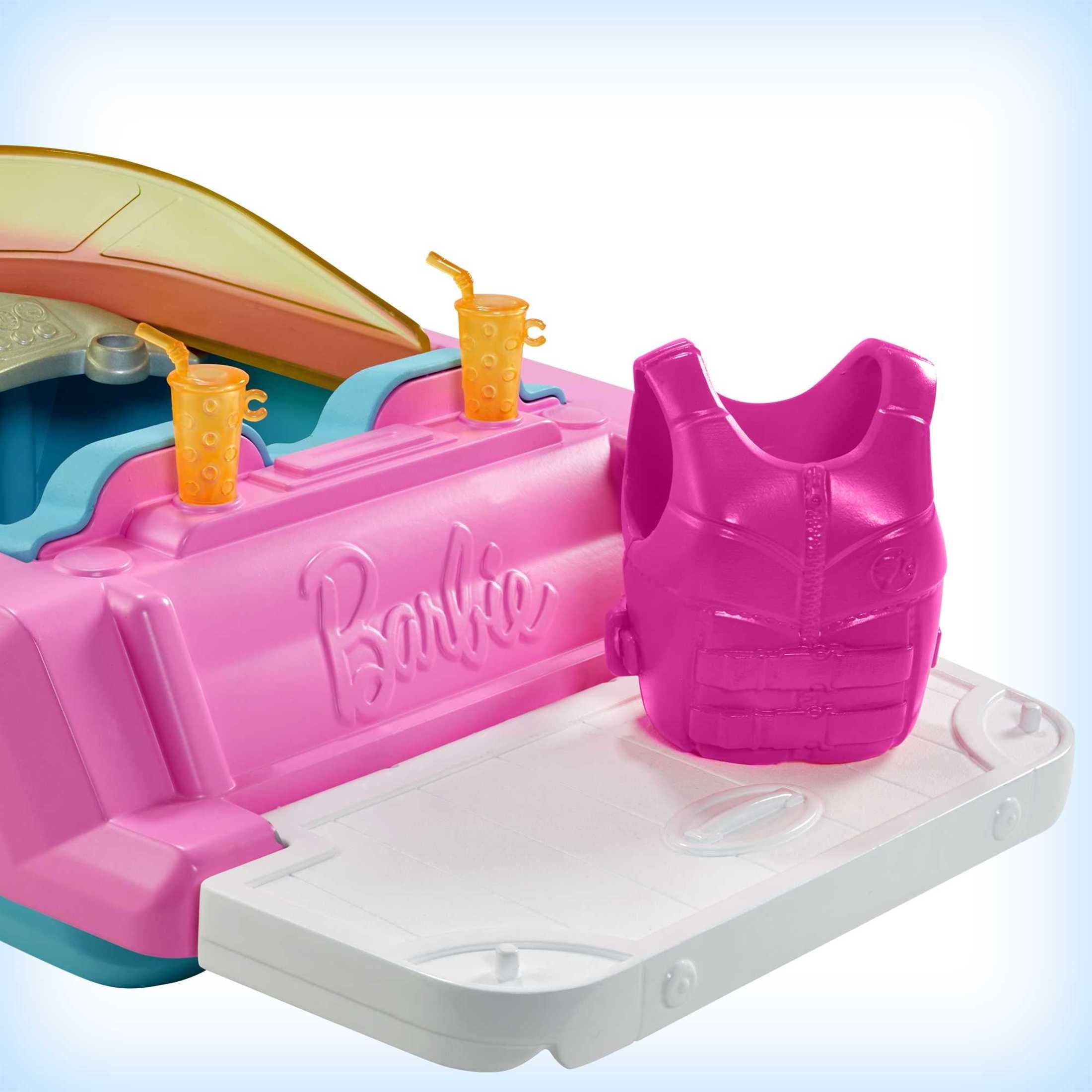 Barbie Toy Boat Set with Puppy, Life Vest and Beverage Accessories, Floats in Water (Seats 3 Dolls)