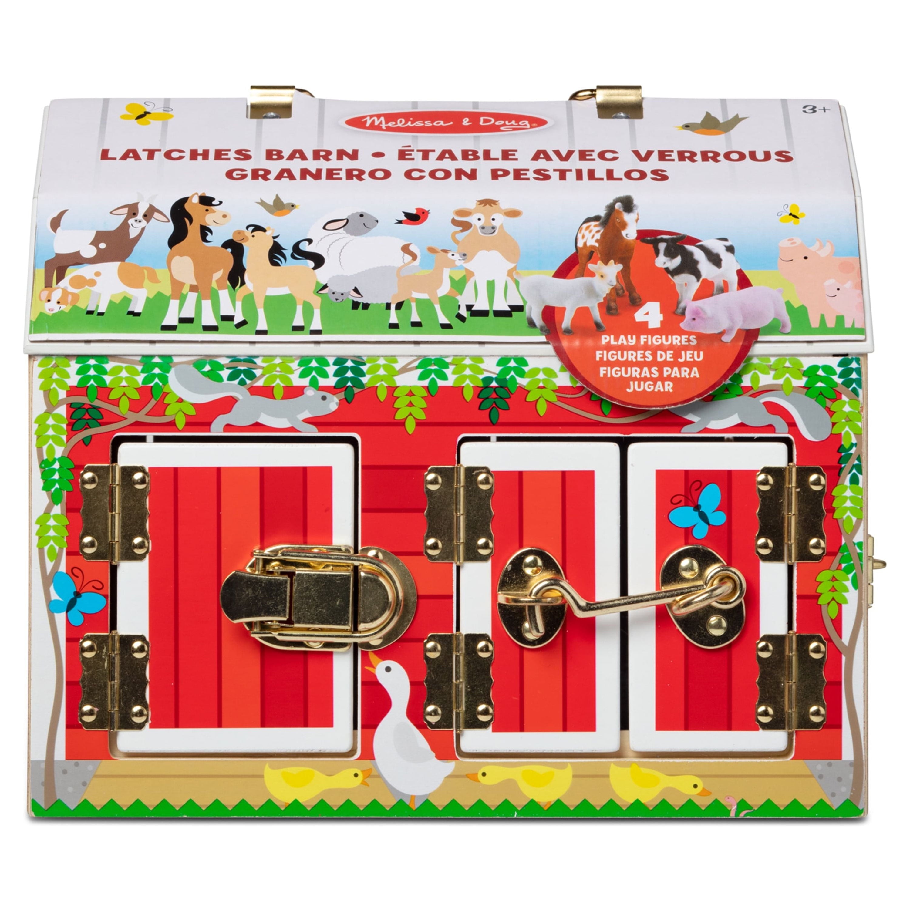 Melissa & Doug Latches Wooden Activity Barn with 5 Doors, 4 Play Figure Farm Animals