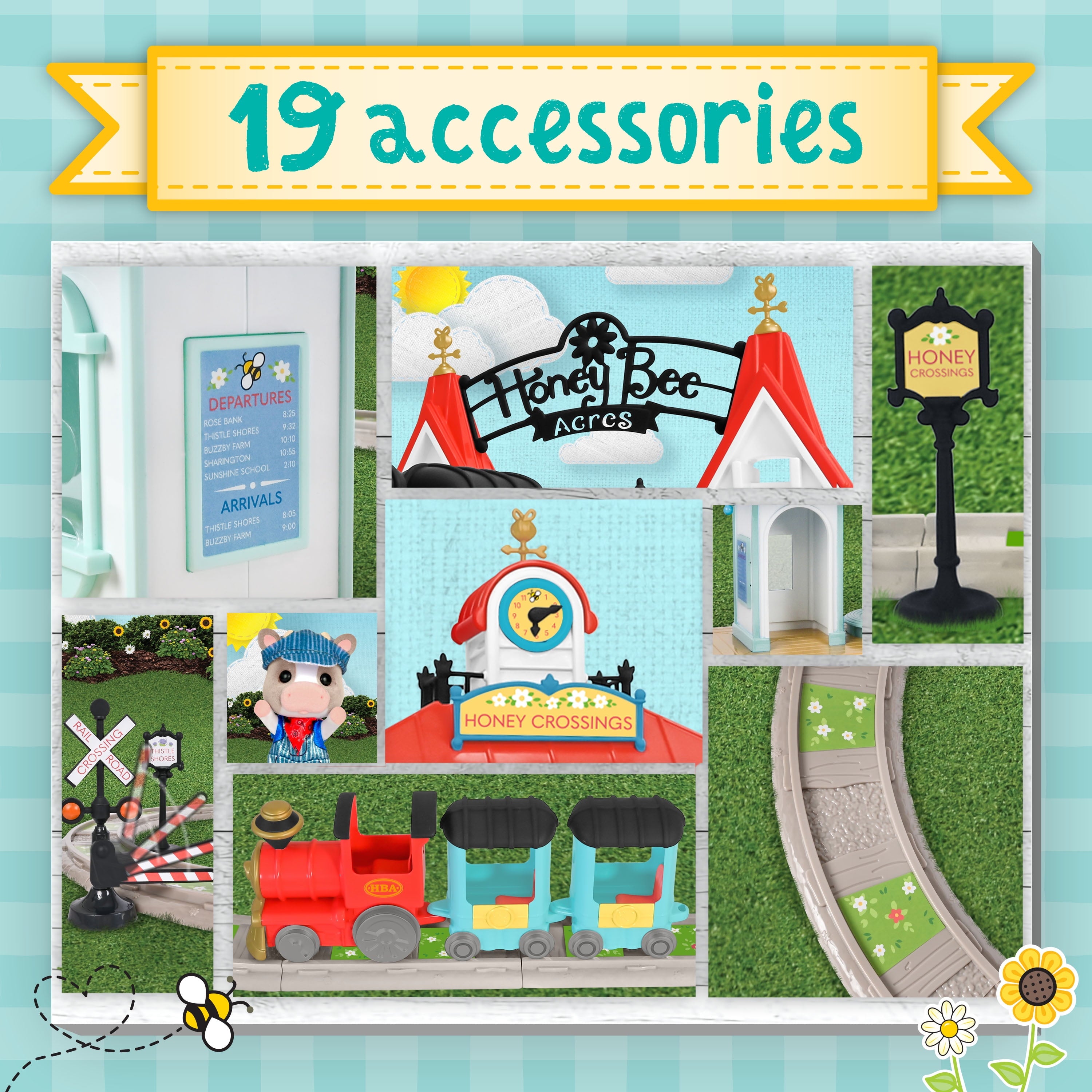 Honey Bee Acres Thistlestop Electric Train Station Set – Motorized Engine, Realistic Lights & Sounds, Poseable Cow Figure, Doll Playsets, 19 Pieces for Ages 3+