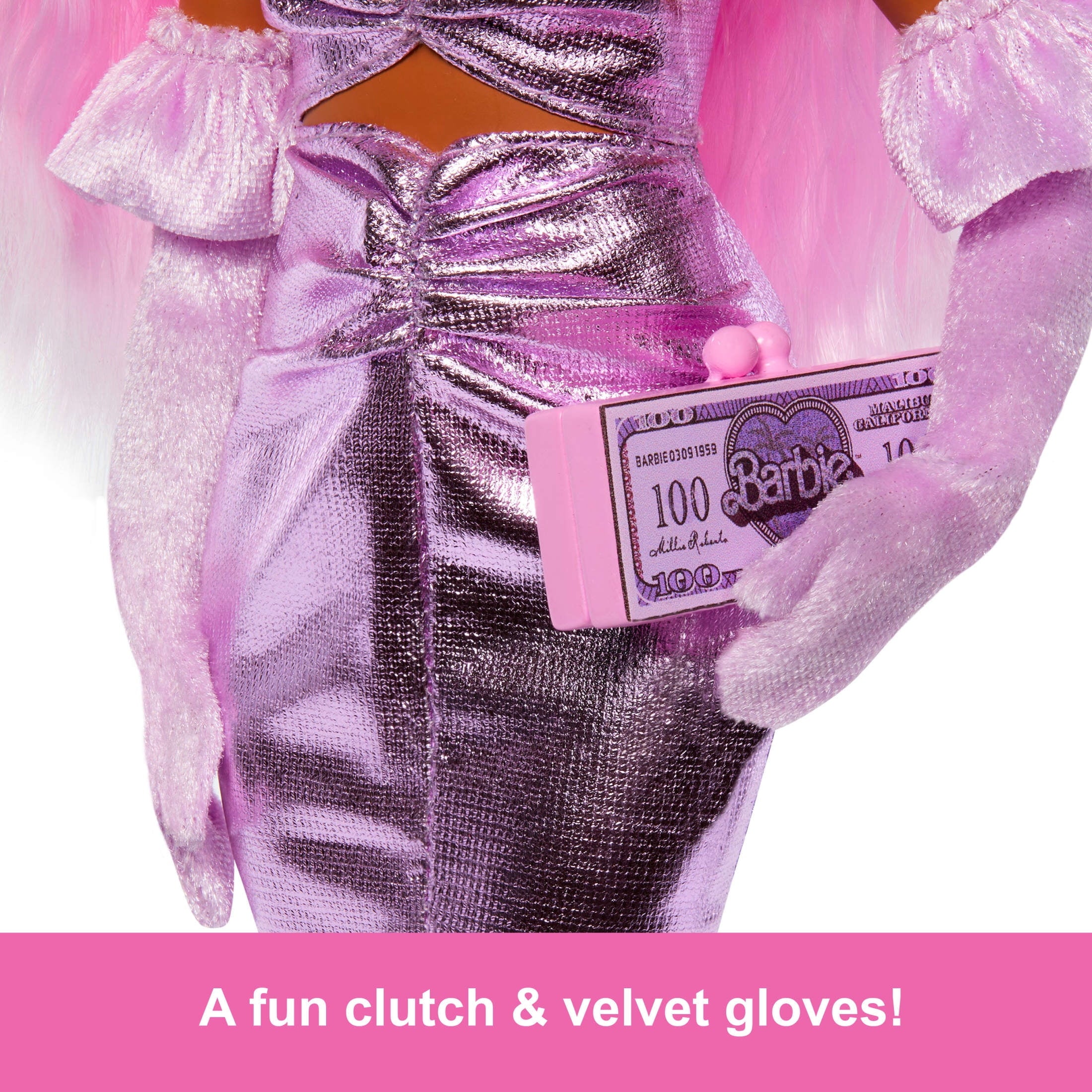 Barbie Deluxe Style Doll #1 in Glossy Pink Barbiecore Dress with Velvet Gloves, Pink Hair