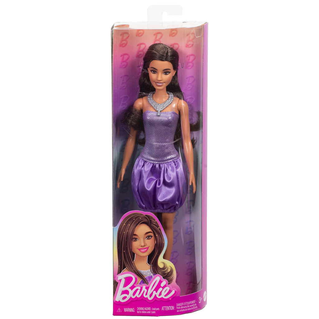 Barbie Fashionistas Doll #234 in Sequined Purple Dress and Silvery Accessories, Brown Hair