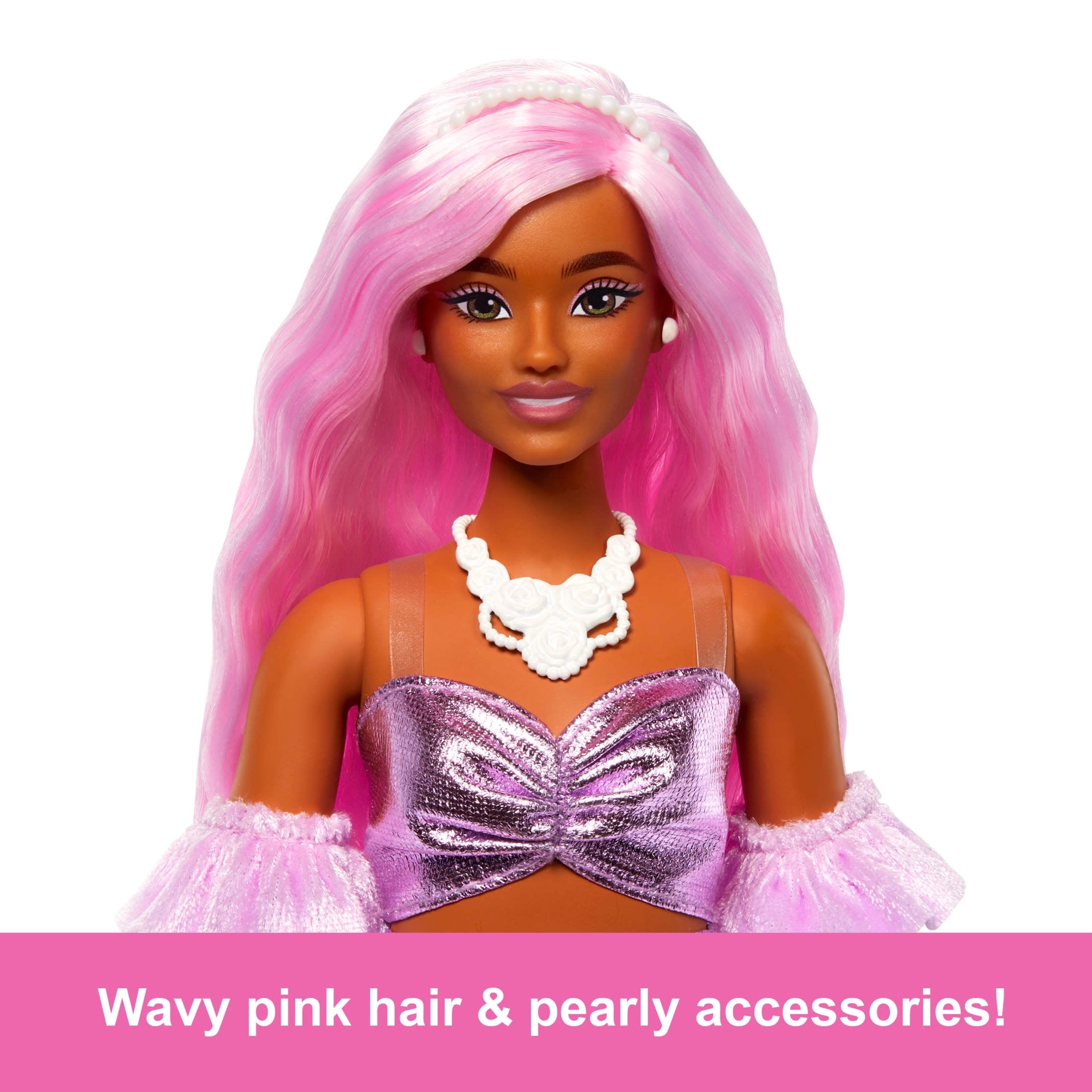 Barbie Deluxe Style Doll #1 in Glossy Pink Barbiecore Dress with Velvet Gloves, Pink Hair