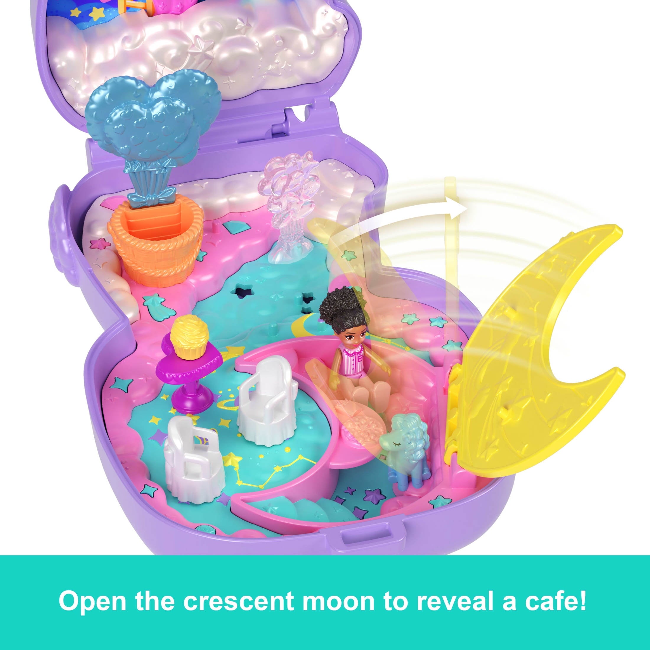 Polly Pocket Cozy Dreamland Lamb Compact Playset with 1 Micro Doll and Pet Unicorn, Travel Toy with Food & Styling Accessories