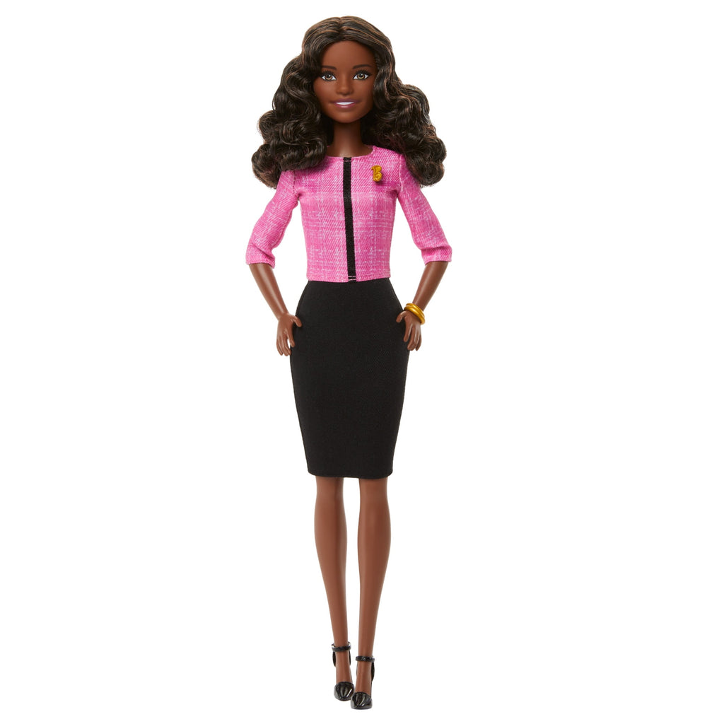 Barbie Future Leader Doll with Dark Brown Hair, 2 Golden Bracelets & Pin, Includes Sticker