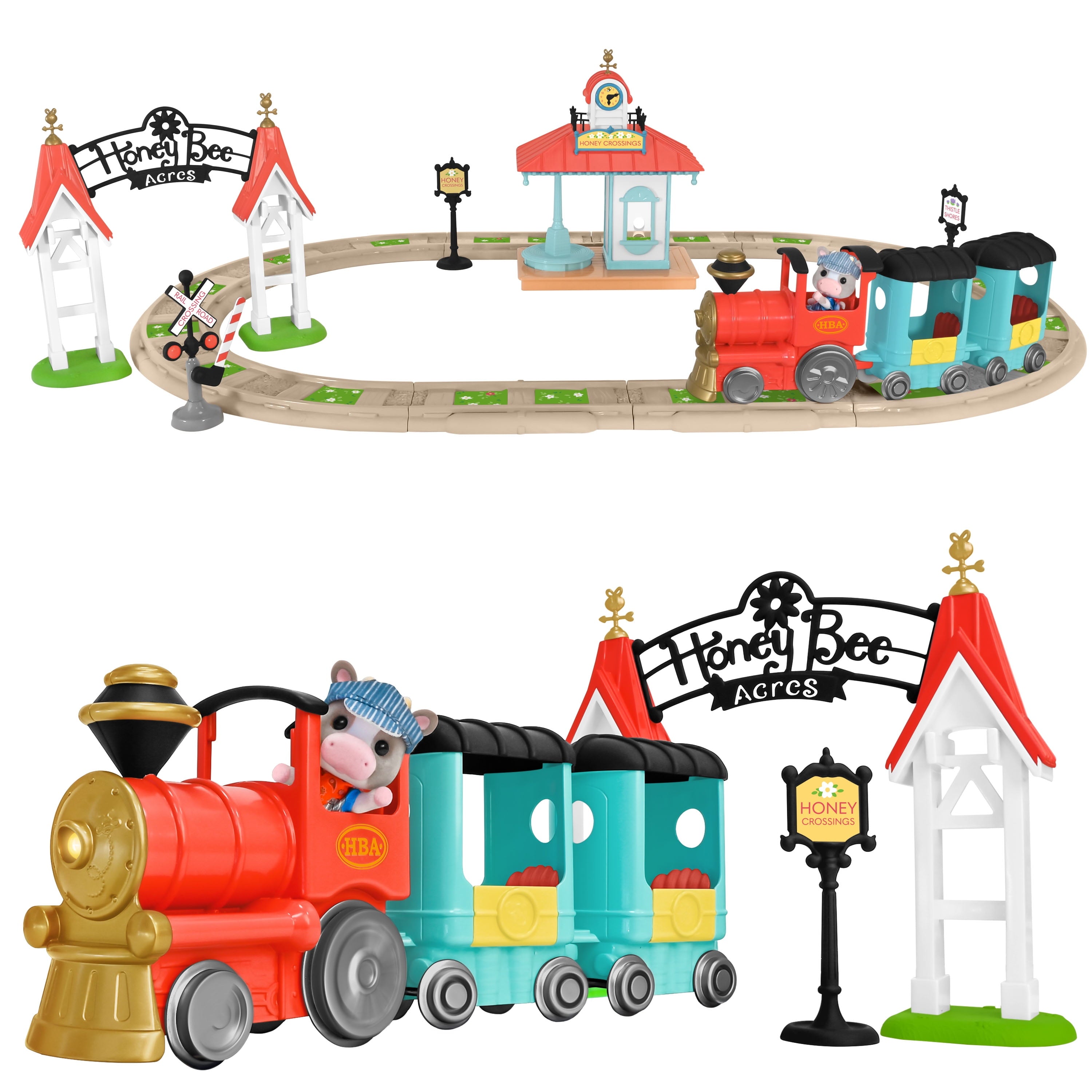 Honey Bee Acres Thistlestop Electric Train Station Set – Motorized Engine, Realistic Lights & Sounds, Poseable Cow Figure, Doll Playsets, 19 Pieces for Ages 3+