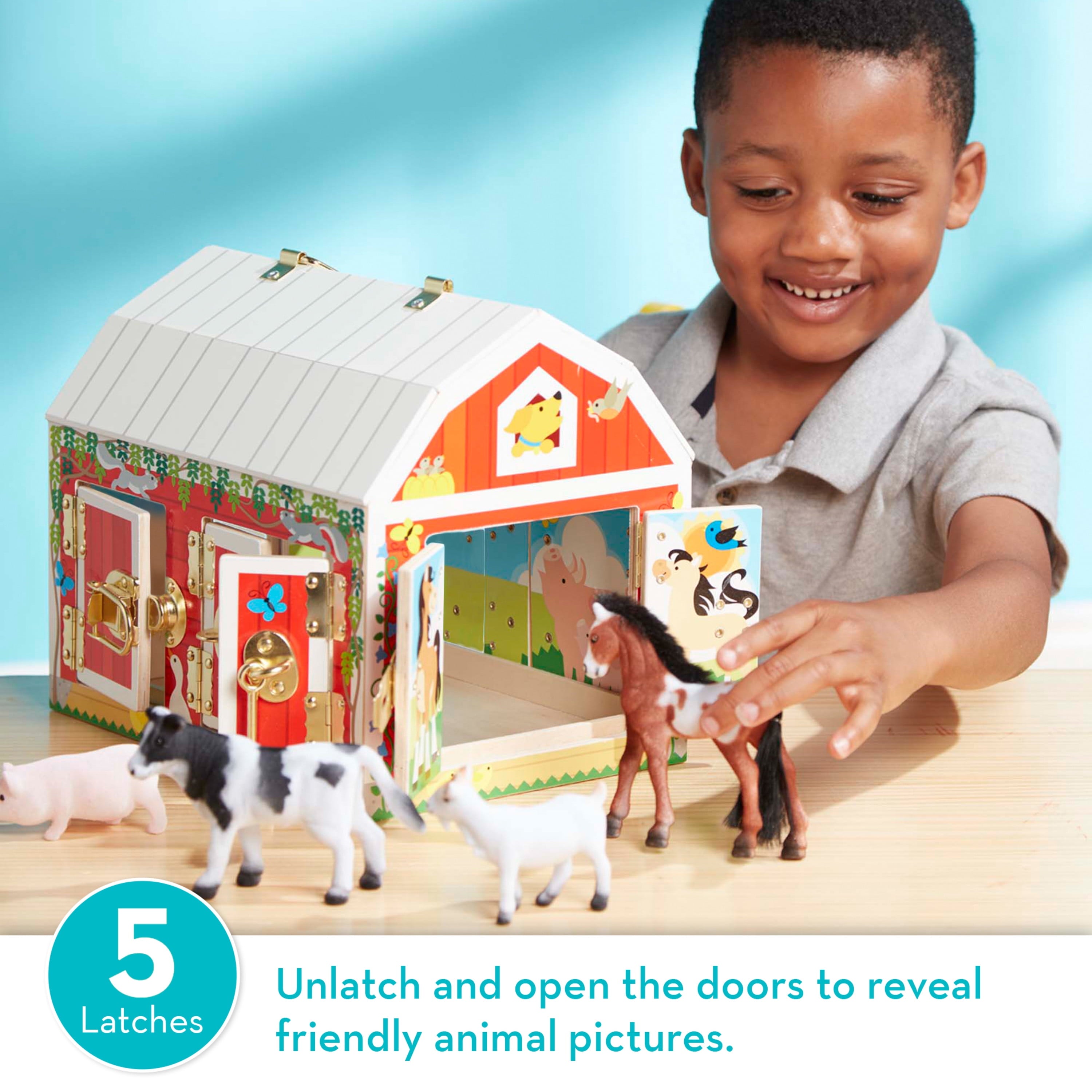 Melissa & Doug Latches Wooden Activity Barn with 5 Doors, 4 Play Figure Farm Animals